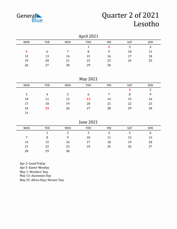 Quarter 2 2021 Lesotho Quarterly Calendar