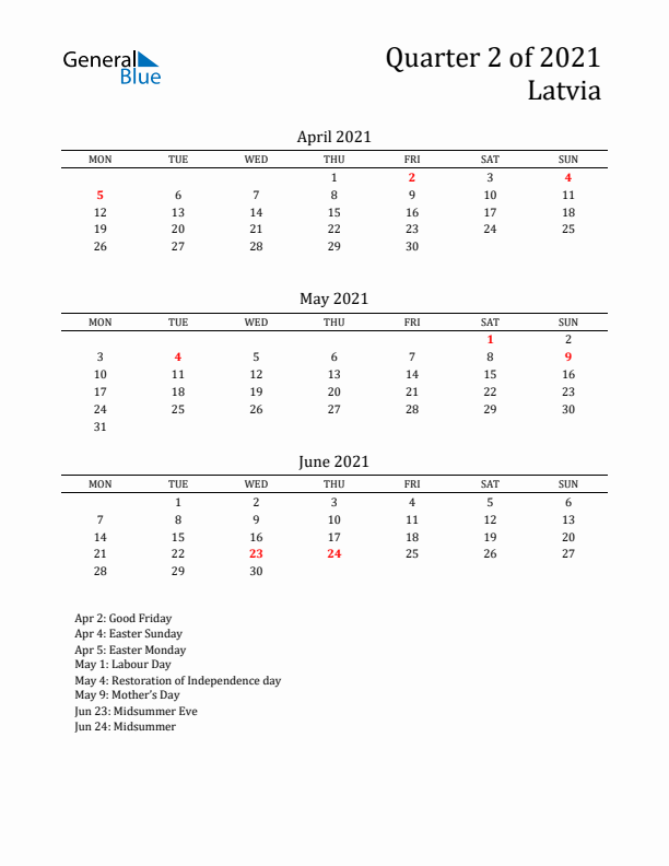 Quarter 2 2021 Latvia Quarterly Calendar