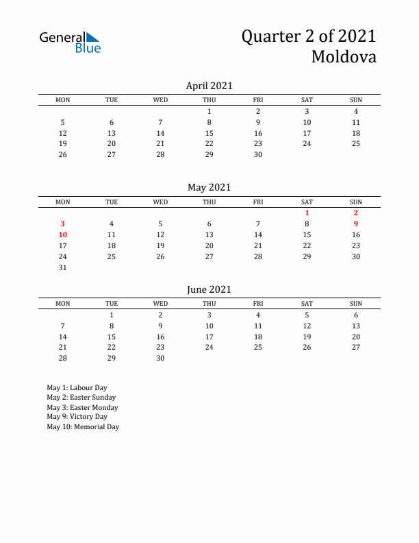 Quarter 2 2021 Moldova Quarterly Calendar