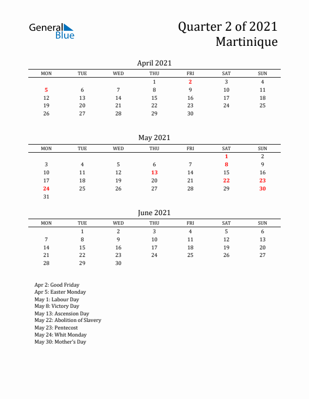 Quarter 2 2021 Martinique Quarterly Calendar