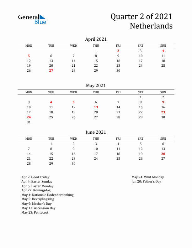 Quarter 2 2021 The Netherlands Quarterly Calendar