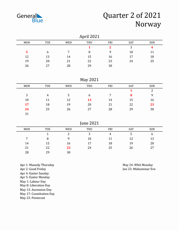 Quarter 2 2021 Norway Quarterly Calendar