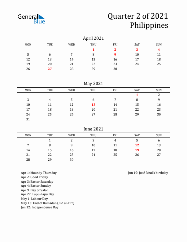 Quarter 2 2021 Philippines Quarterly Calendar