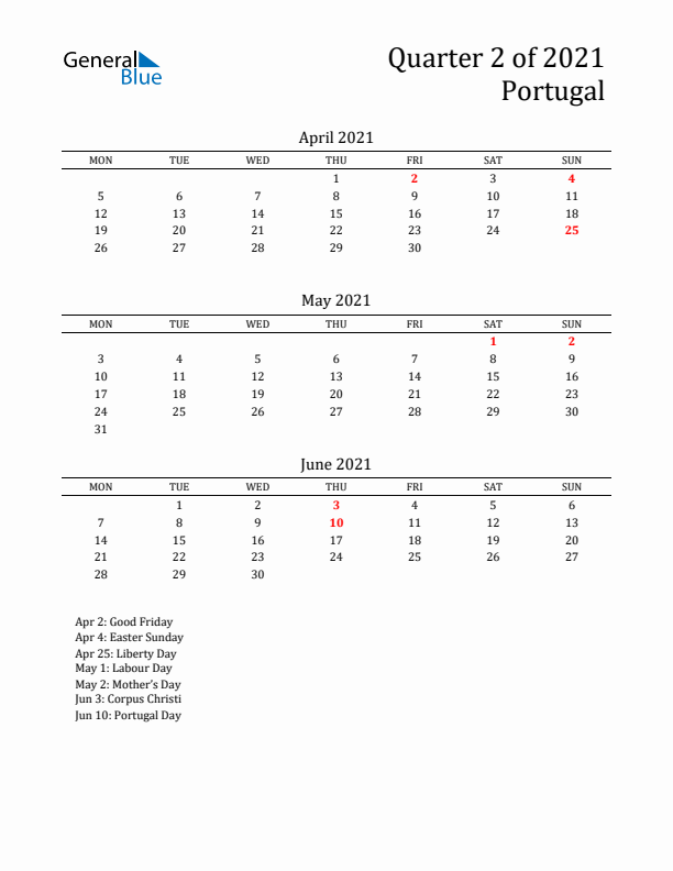 Quarter 2 2021 Portugal Quarterly Calendar