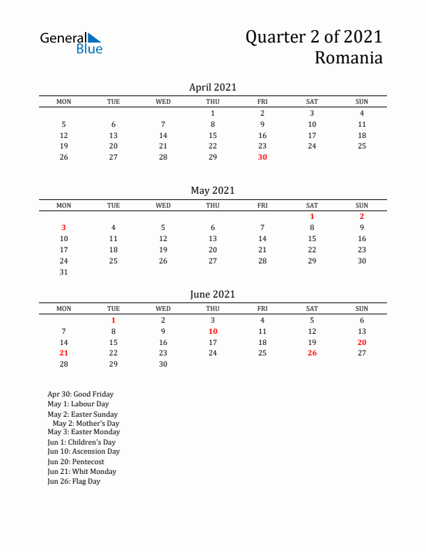 Quarter 2 2021 Romania Quarterly Calendar