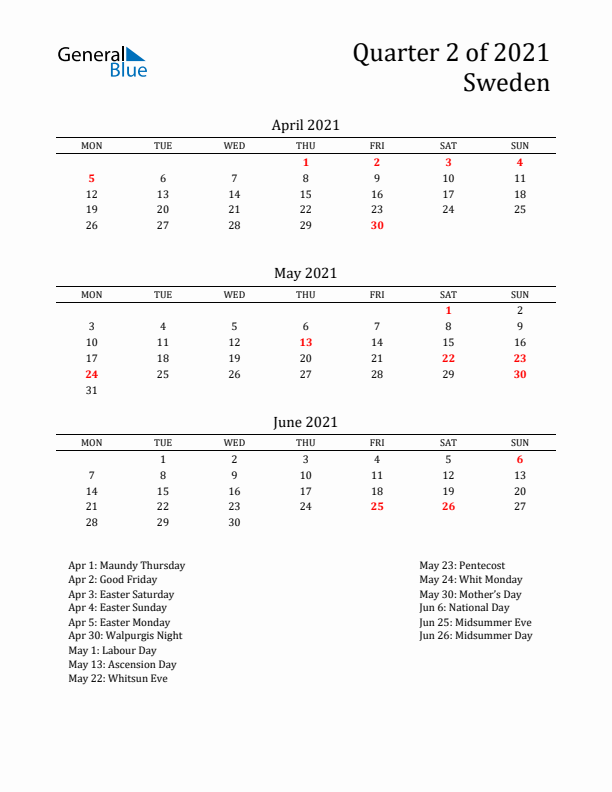 Quarter 2 2021 Sweden Quarterly Calendar