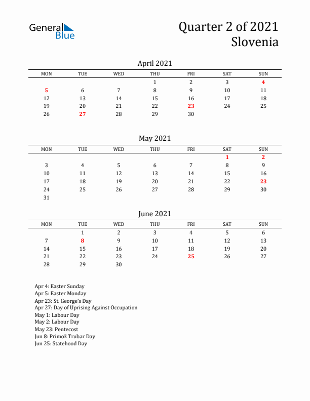 Quarter 2 2021 Slovenia Quarterly Calendar