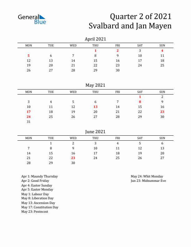 Quarter 2 2021 Svalbard and Jan Mayen Quarterly Calendar