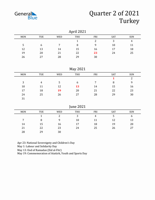 Quarter 2 2021 Turkey Quarterly Calendar