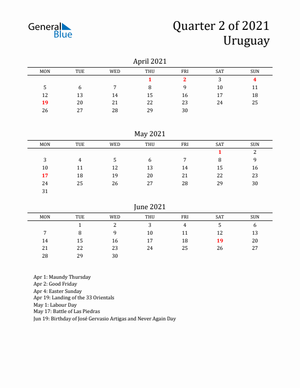 Quarter 2 2021 Uruguay Quarterly Calendar