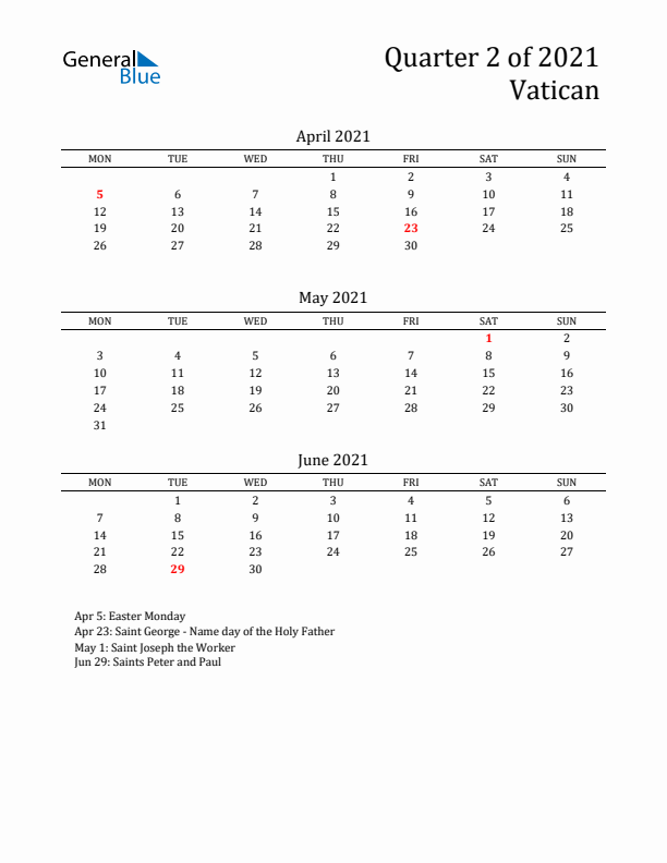 Quarter 2 2021 Vatican Quarterly Calendar