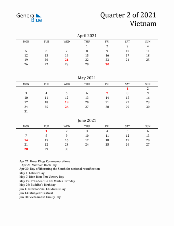 Quarter 2 2021 Vietnam Quarterly Calendar