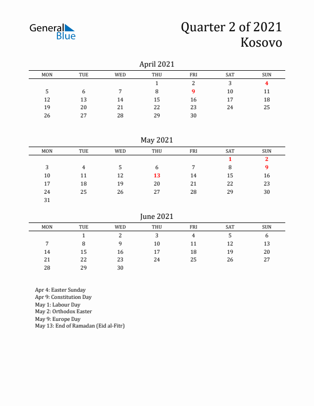 Quarter 2 2021 Kosovo Quarterly Calendar