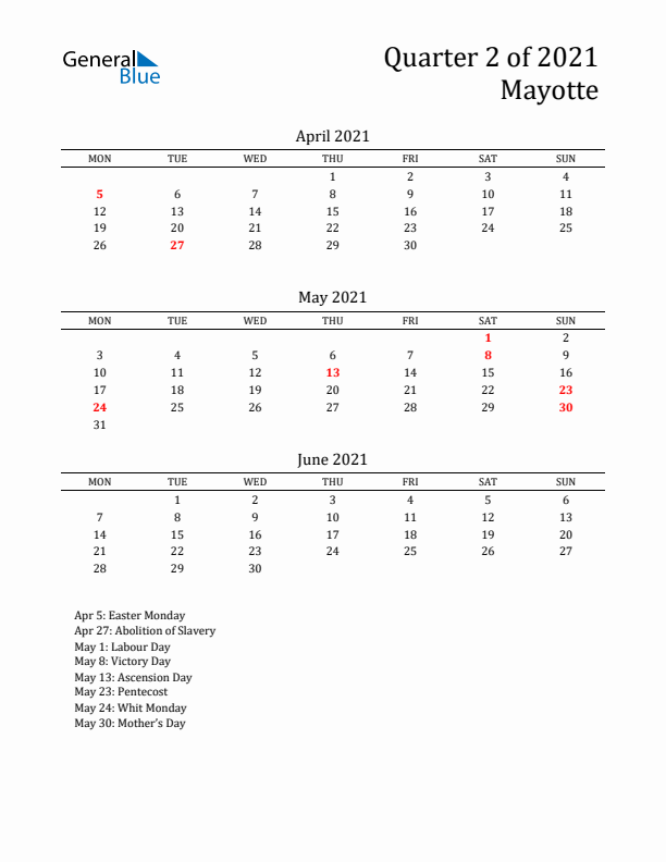 Quarter 2 2021 Mayotte Quarterly Calendar