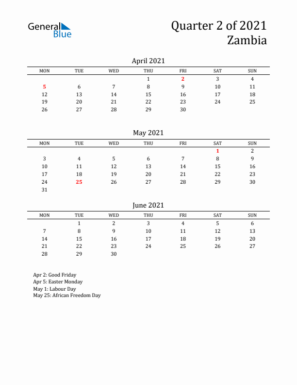 Quarter 2 2021 Zambia Quarterly Calendar