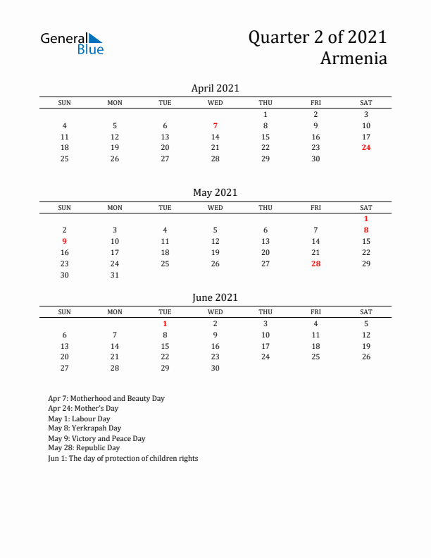 Quarter 2 2021 Armenia Quarterly Calendar