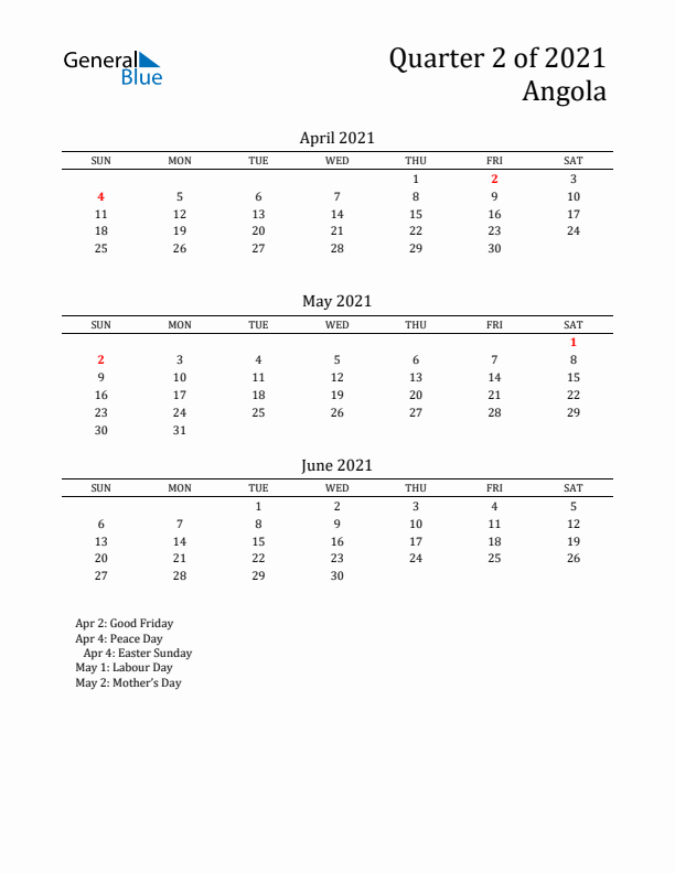 Quarter 2 2021 Angola Quarterly Calendar