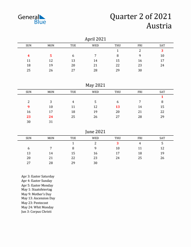 Quarter 2 2021 Austria Quarterly Calendar