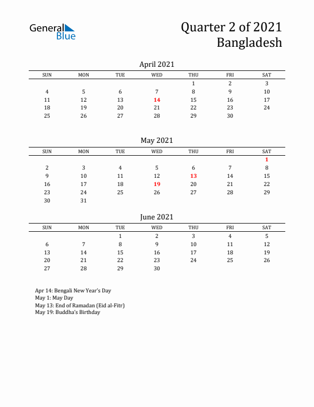 Quarter 2 2021 Bangladesh Quarterly Calendar