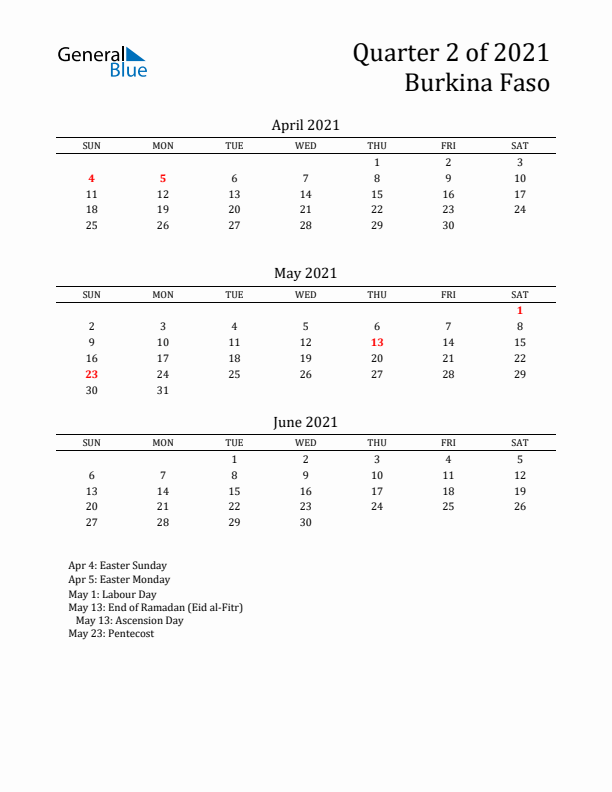 Quarter 2 2021 Burkina Faso Quarterly Calendar