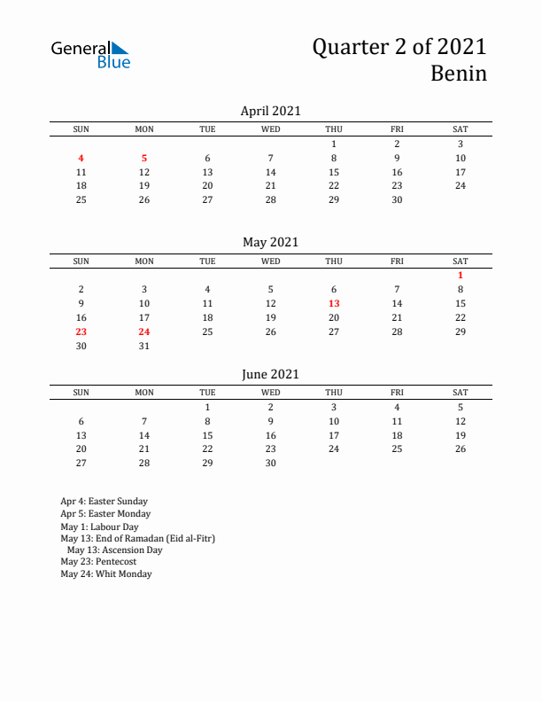 Quarter 2 2021 Benin Quarterly Calendar