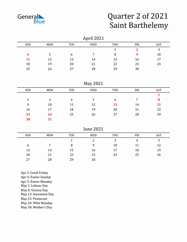 Quarter 2 2021 Saint Barthelemy Quarterly Calendar