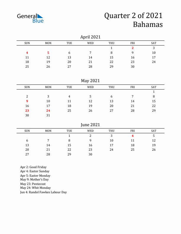 Quarter 2 2021 Bahamas Quarterly Calendar