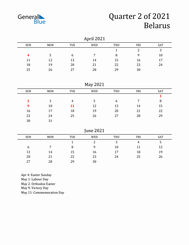 Quarter 2 2021 Belarus Quarterly Calendar