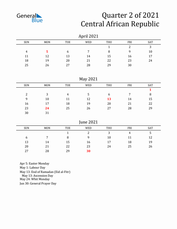 Quarter 2 2021 Central African Republic Quarterly Calendar