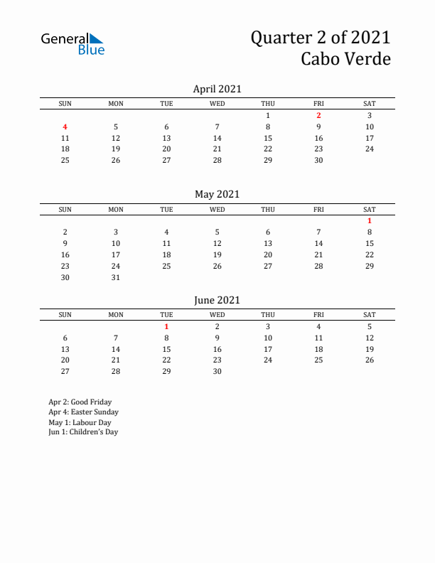 Quarter 2 2021 Cabo Verde Quarterly Calendar