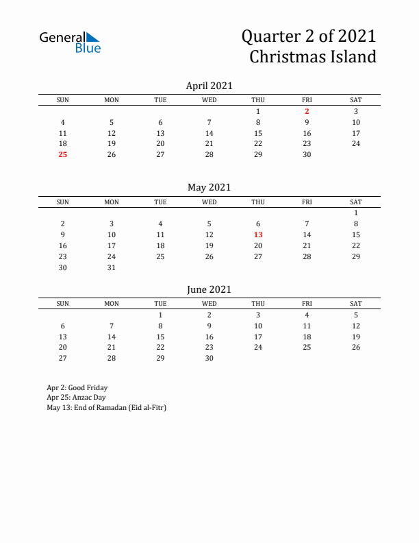 Quarter 2 2021 Christmas Island Quarterly Calendar