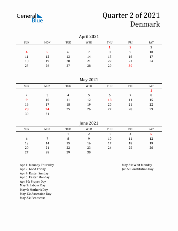 Quarter 2 2021 Denmark Quarterly Calendar