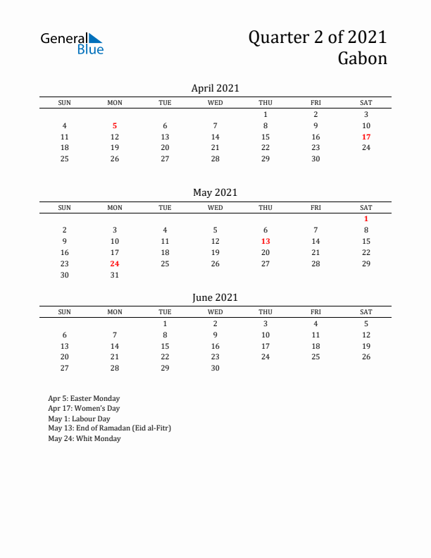 Quarter 2 2021 Gabon Quarterly Calendar