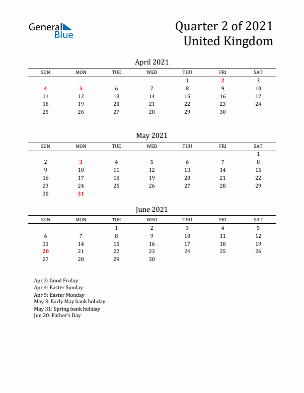 Quarter 2 2021 United Kingdom Quarterly Calendar