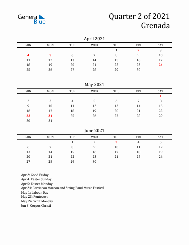 Quarter 2 2021 Grenada Quarterly Calendar