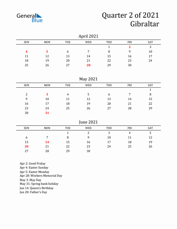 Quarter 2 2021 Gibraltar Quarterly Calendar