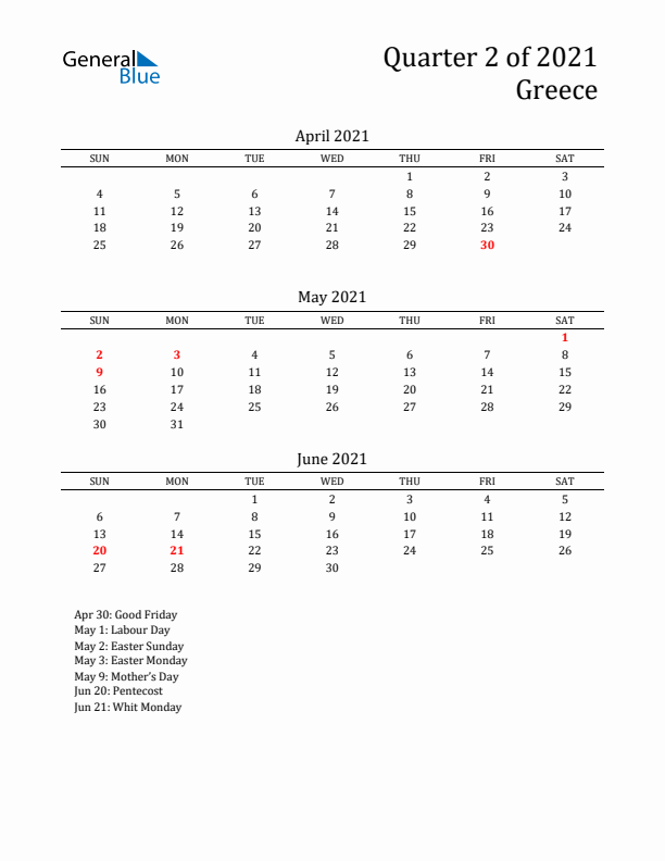 Quarter 2 2021 Greece Quarterly Calendar