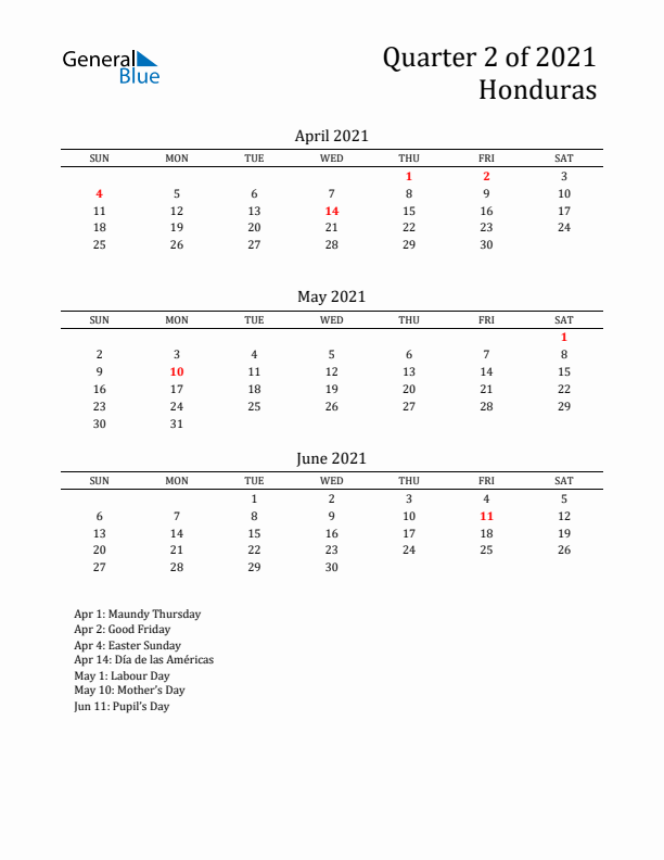 Quarter 2 2021 Honduras Quarterly Calendar