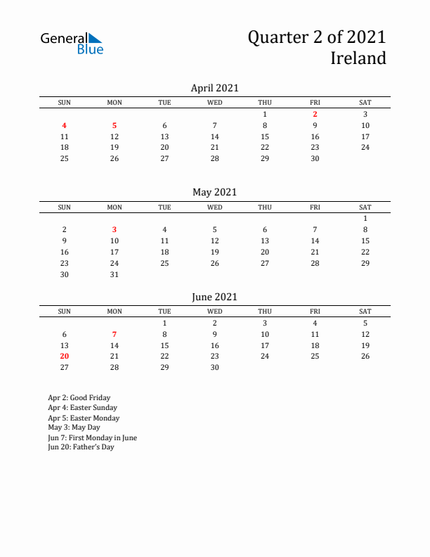 Quarter 2 2021 Ireland Quarterly Calendar