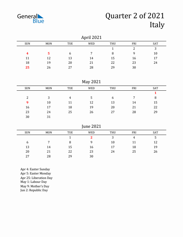 Quarter 2 2021 Italy Quarterly Calendar