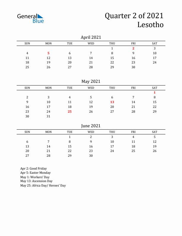 Quarter 2 2021 Lesotho Quarterly Calendar