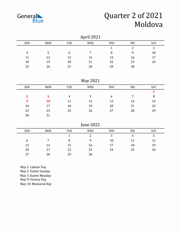 Quarter 2 2021 Moldova Quarterly Calendar