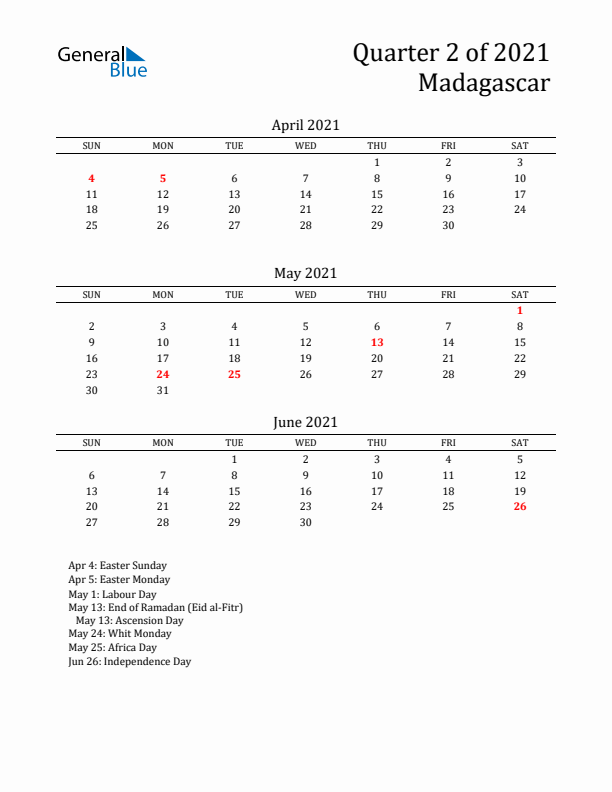 Quarter 2 2021 Madagascar Quarterly Calendar