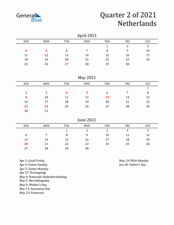 Quarter 2 2021 The Netherlands Quarterly Calendar