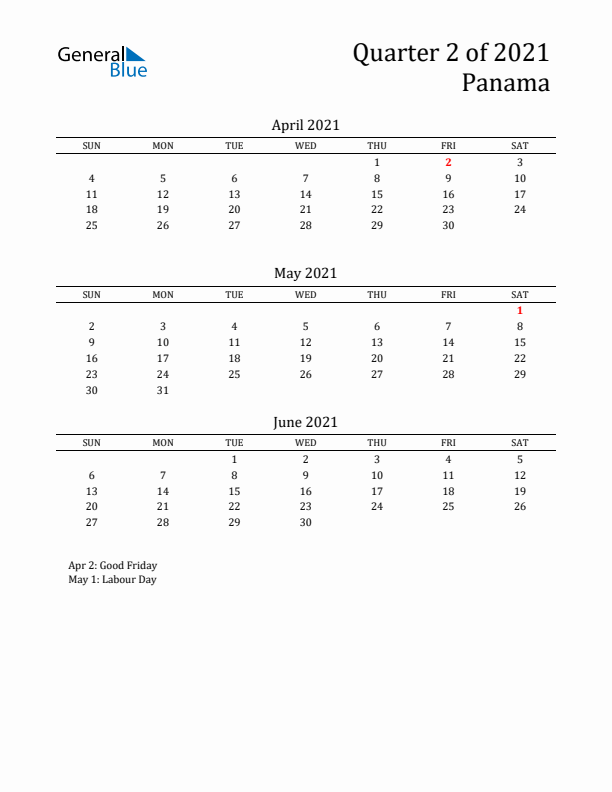 Quarter 2 2021 Panama Quarterly Calendar