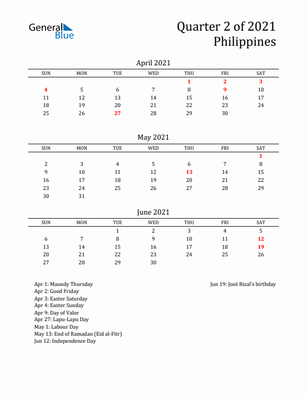 Quarter 2 2021 Philippines Quarterly Calendar