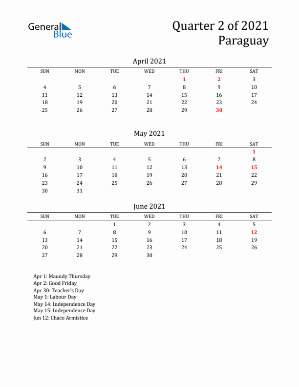 Quarter 2 2021 Paraguay Quarterly Calendar