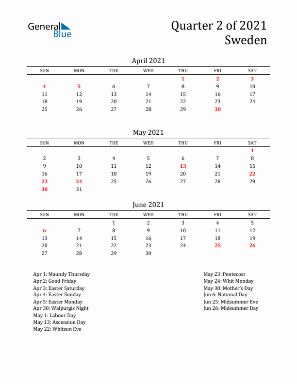 Quarter 2 2021 Sweden Quarterly Calendar