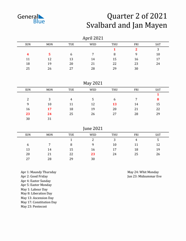 Quarter 2 2021 Svalbard and Jan Mayen Quarterly Calendar