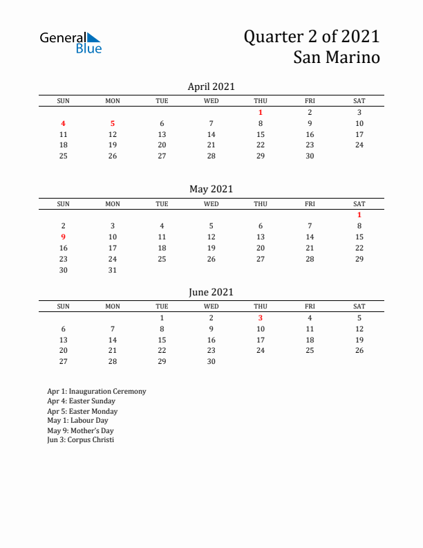 Quarter 2 2021 San Marino Quarterly Calendar